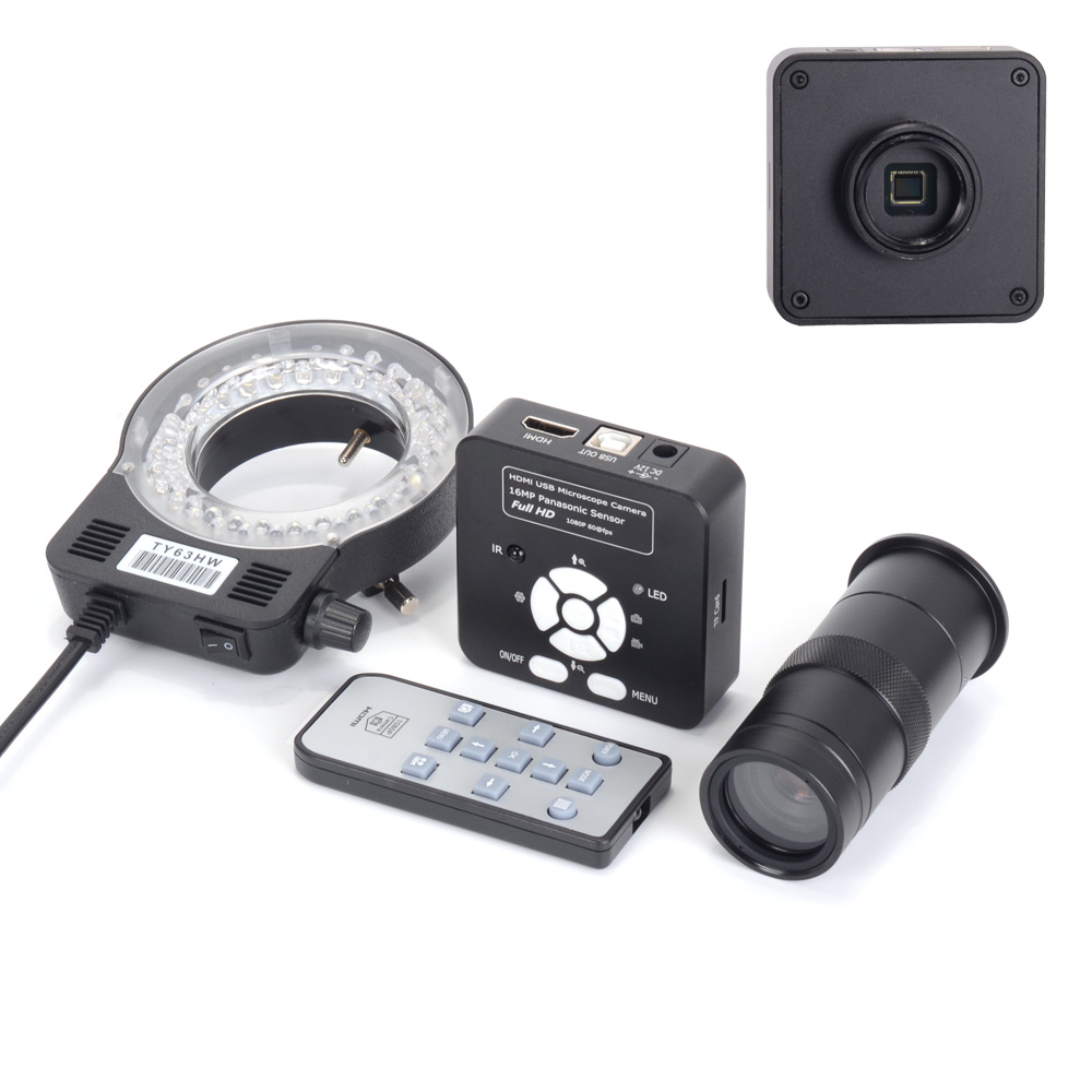 16MP HDMI USB Industry Microscope Camera TF Video Recorder + 100X C-mount Lens + 56 LED Light